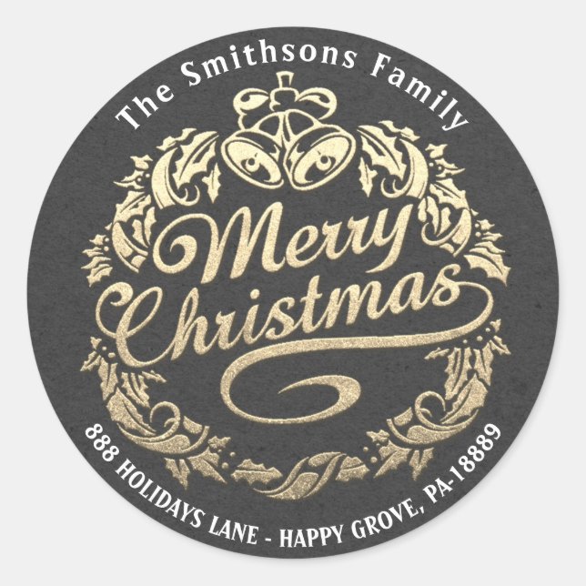 Merry Christmas Holly Wreath RSVP Gray Gold Kraft Classic Round Sticker (Front)