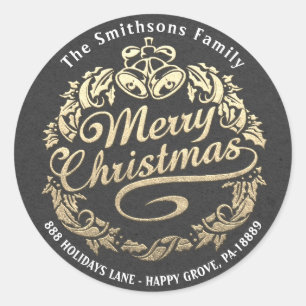 Merry Christmas Holly Wreath RSVP Gray Gold Kraft Classic Round Sticker