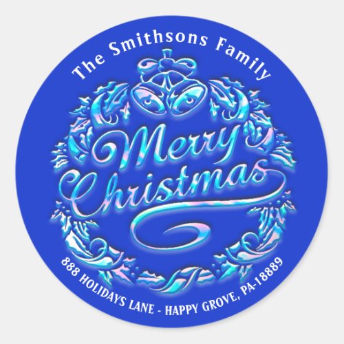 Merry Christmas Holly Wreath RSVP Holograph Blue Classic Round Sticker