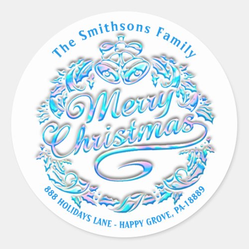 Merry Christmas Holly Wreath RSVP Holograph White Classic Round Sticker