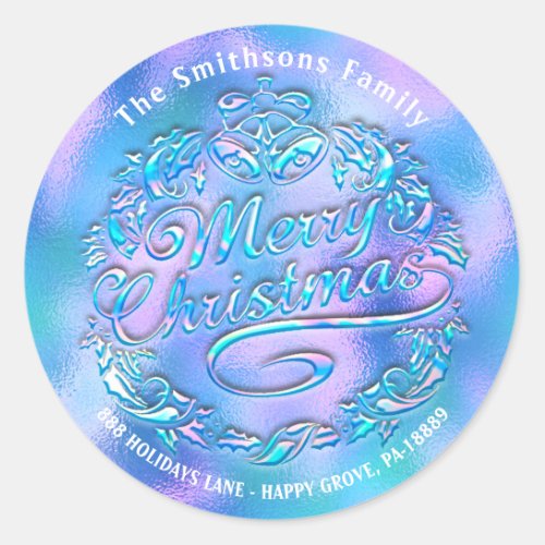 Merry Christmas Holly Wreath RSVP Holographic Classic Round Sticker