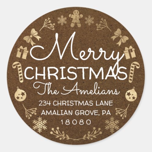 Merry Christmas Holly Wreath RSVP Kraft Brown Classic Round Sticker