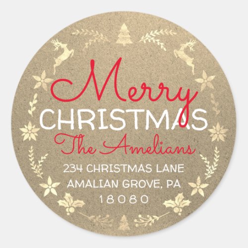 Merry Christmas Holly Wreath RSVP Kraft Gold Classic Round Sticker