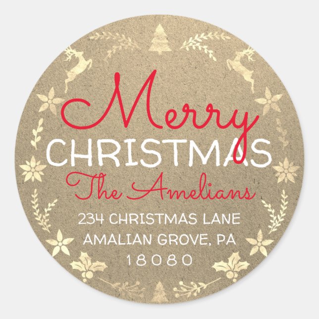 Merry Christmas Holly Wreath RSVP Kraft Gold Classic Round Sticker (Front)
