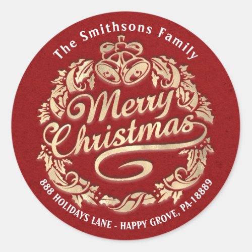 Merry Christmas Holly Wreath RSVP Red Gold Kraft Classic Round Sticker