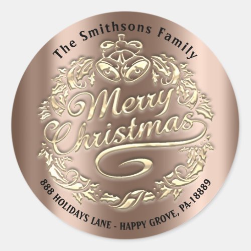 Merry Christmas Holly Wreath RSVP Rose Gold Bells Classic Round Sticker