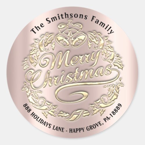 Merry Christmas Holly Wreath RSVP Rose Gold Gift Classic Round Sticker