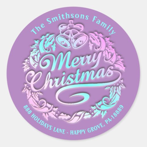 Merry Christmas Holly Wreath RSVP Royal Purple  Classic Round Sticker