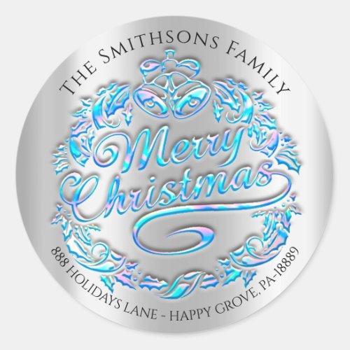 Merry Christmas Holly Wreath RSVP Silver Blue Classic Round Sticker
