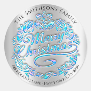 Merry Christmas Holly Wreath RSVP Silver Blue Classic Round Sticker