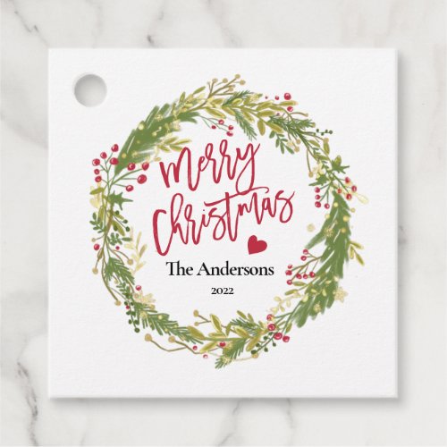 Merry Christmas Holly Wreath Rustic Typography  Favor Tags