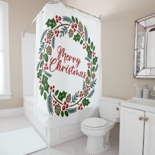 Merry Christmas Holly Wreath Shower Curtain