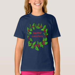 Merry Christmas Holly Wreath With Berries T-Shirt