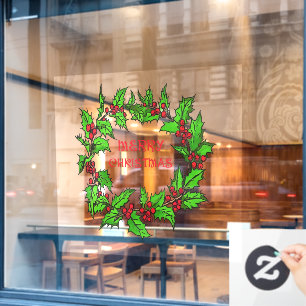 Merry Christmas Holly Wreath With Berries Window Cling
