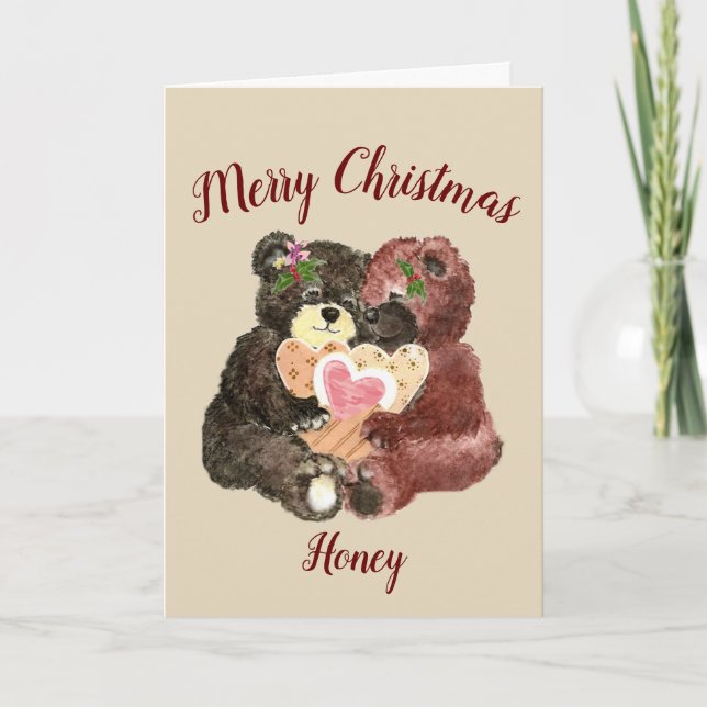 Merry Christmas Honey Cute Teddy Bear Hugs Holiday Card (Front)