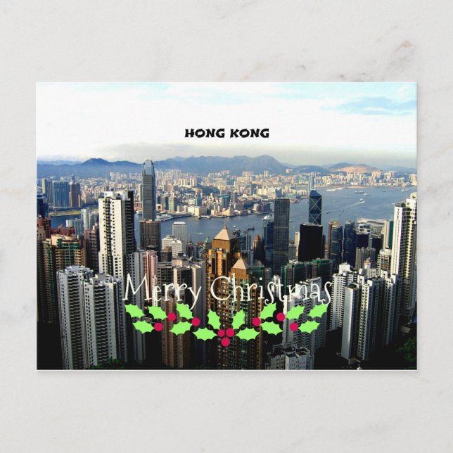 Merry Christmas, Hong Kong Cityscape Holiday Postcard (Front)