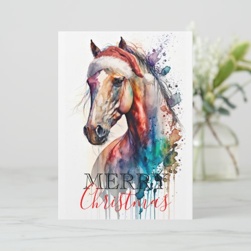Merry Christmas Horse in Santa Hat Greeting Card