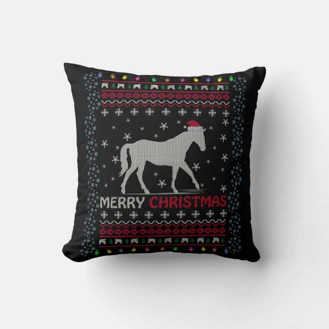 Merry Christmas Horse with Santa Hat  Throw Pillow (Front)