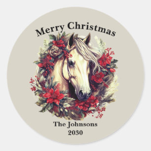 Merry Christmas Horse Wreath Classic Round Sticker