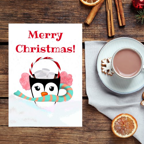 Merry Christmas Hot Chocolate Kawaii Penguin Holiday Card
