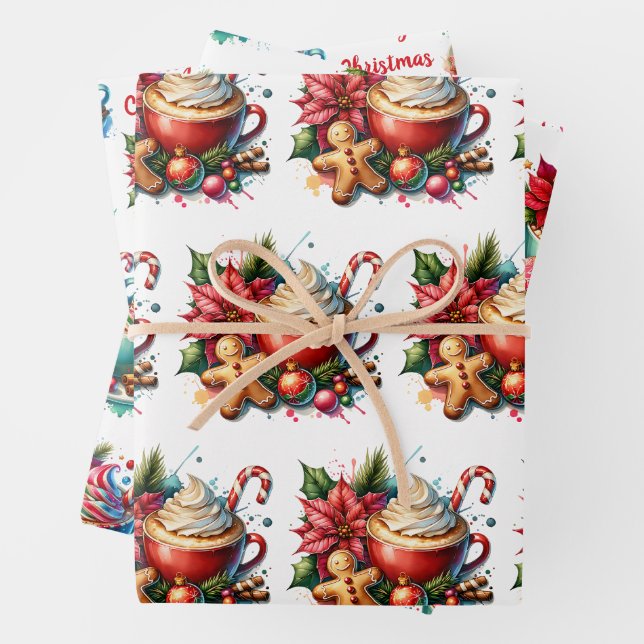 Merry Christmas Hot Cocoa and Cookies Wrapping Paper Sheets (In situ)