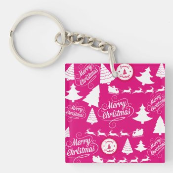 Merry Christmas Hot Pink Holiday Xmas Design Keychain by UniqueChristmasGifts at Zazzle