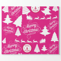 Hot Pink Winter Christmas Tree & Snowflakes Wrapping Paper