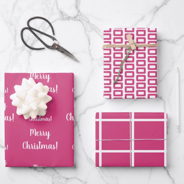 Merry Christmas Hot Pink Pattern Wrapping Paper Sheets (Front)