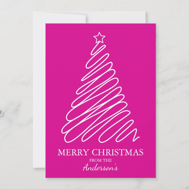 Merry Christmas Hot Pink White Scribble Tree Holiday Card (Front)