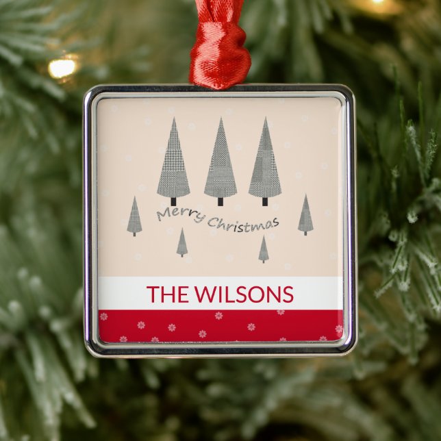Merry Christmas Houndstooth Modern Red Metal Ornament (Tree)