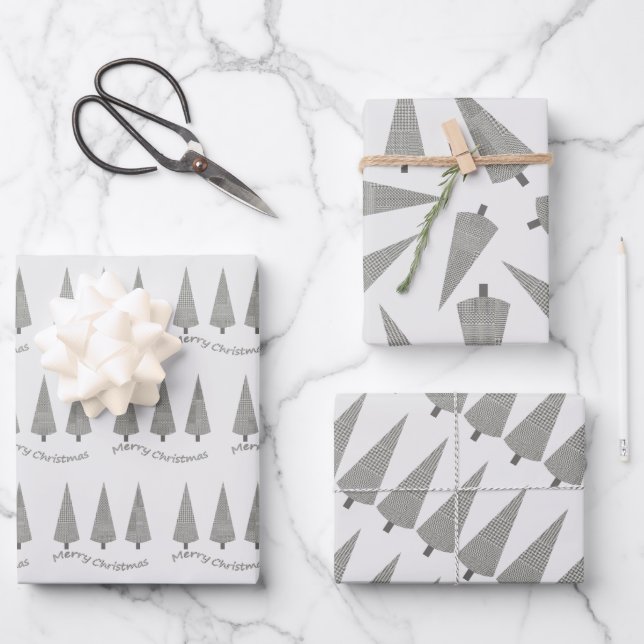Merry Christmas Houndstooth Tree Pattern Wrapping Paper Sheets (Front)