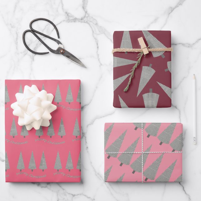 Merry Christmas Houndstooth Tree Pattern Wrapping Paper Sheets (Front)