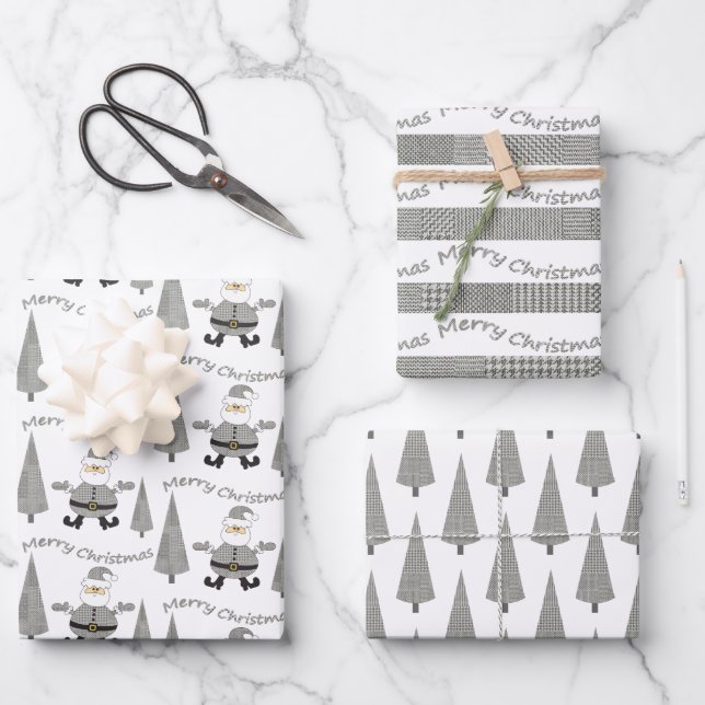Merry Christmas Houndstooth Tree Santa Pattern Wrapping Paper Sheets (Front)
