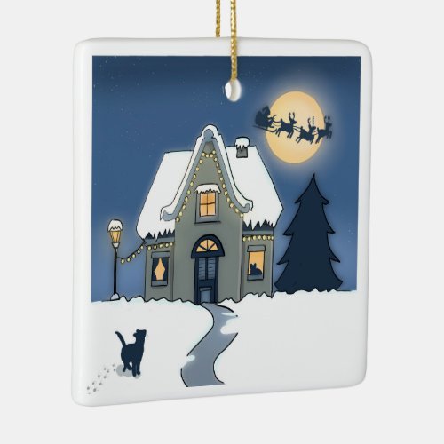 Merry Christmas House with Cat and Santa Ceramic Ornament