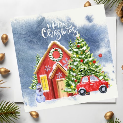 Merry Christmas house with tree and red car snow Holiday Card