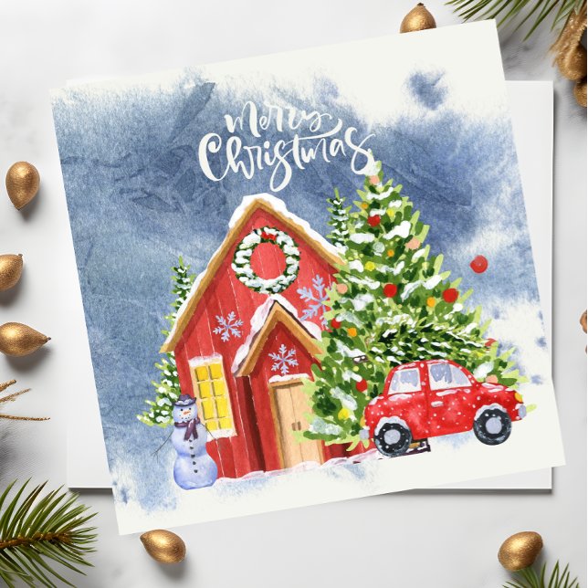 Merry Christmas house with tree and red car snow Holiday Card (Creator Uploaded)