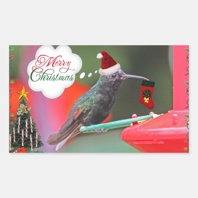 Merry Christmas Hummingbird Rectangular Sticker (Front)