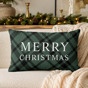 Merry Christmas Hunter Green Black Plaid Lumbar Pillow