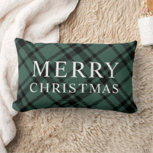Merry Christmas Hunter Green Black Plaid Lumbar Pillow