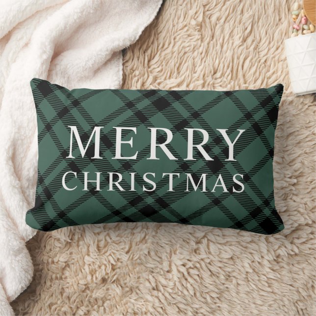 Merry Christmas Hunter Green Black Plaid Lumbar Pillow (Blanket)