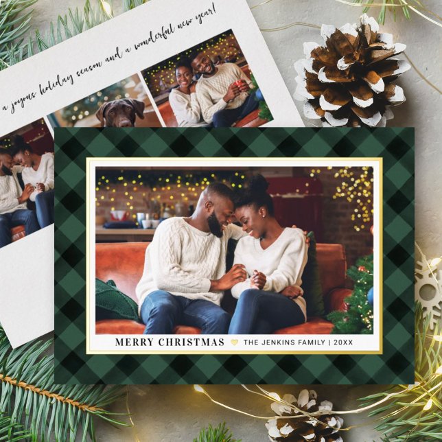 Merry Christmas Hunter Green Buffalo Plaid Photo Foil Holiday Card (Creator Uploaded)