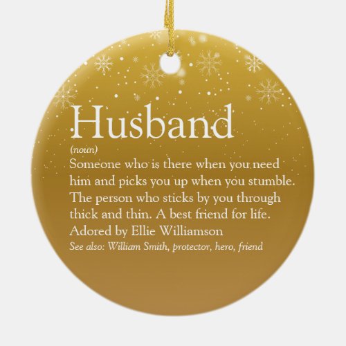 Merry Christmas Husband Definition Gold Snowflakes Ceramic Ornament