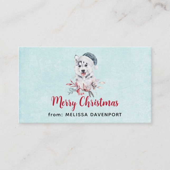 Merry Christmas Husky Dog in a Santa Hat Business Card (Front)