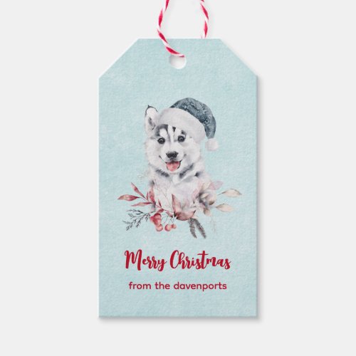 Merry Christmas Husky Dog in a Santa Hat Gift Tags