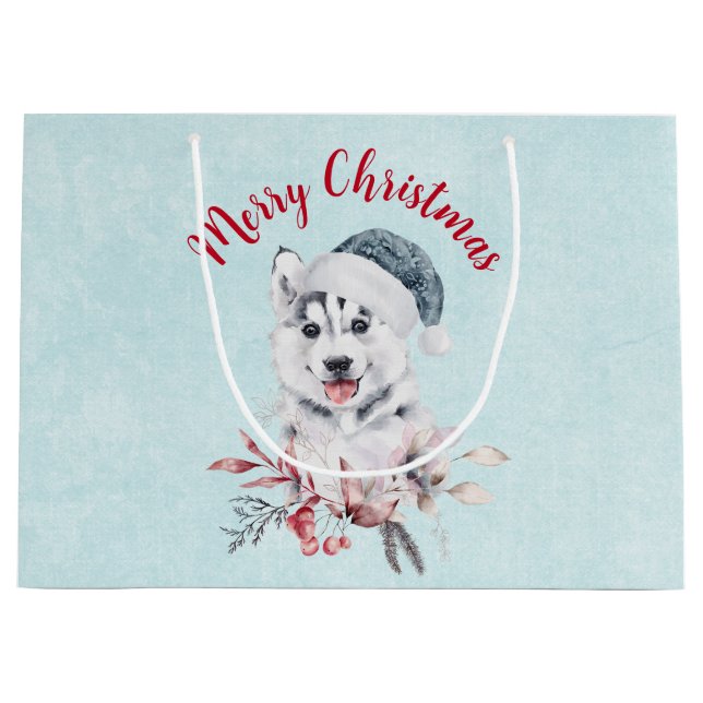 Merry Christmas Husky Dog in a Santa Hat Large Gift Bag (Front)