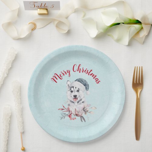 Merry Christmas Husky Dog in a Santa Hat Paper Plates