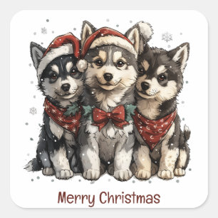 Merry Christmas Husky Dogs Square Sticker