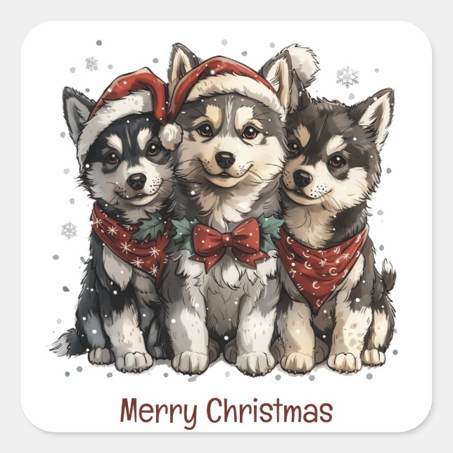 Merry Christmas Husky Dogs Square Sticker (Front)