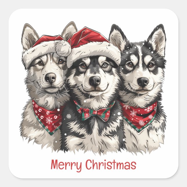 Merry Christmas Husky Dogs Square Sticker (Front)