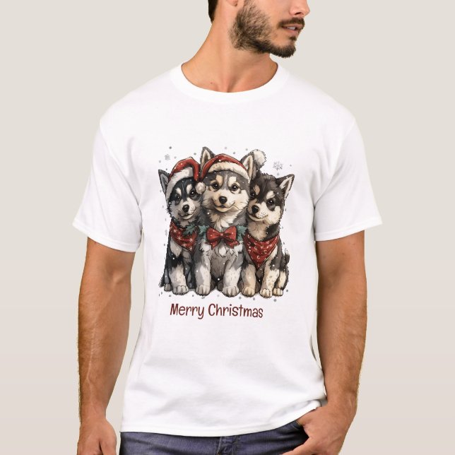 Merry Christmas Husky Dogs T-Shirt (Front)